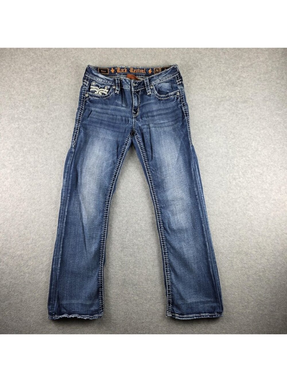Rock Revival Jeans Womens 28x32 Bootcut Blue Medium Wash Rhinestone Sequin FLAWS